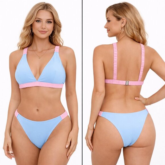 Chiao Other - Medium Women’s Light Blue Pink Bikini Set Triangle Top High-Cut Bottoms NWOT